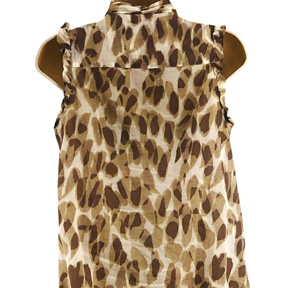 Ann Taylor Loft Tan Brown Animal Print Button Front Top Ruffled Sleeveless Bow - Picture 4 of 16